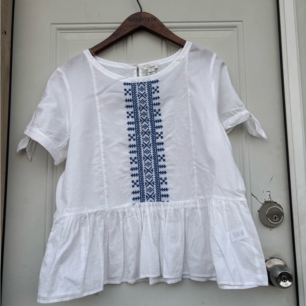 J. Crew White Top with Blue Embroidered Front